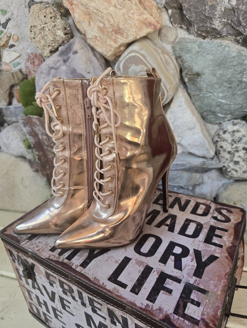 Banco Metallic Rose Gold Lace-Up Stiletto Booties – Pointed Toe Ankle Boots - Picture 2 of 3